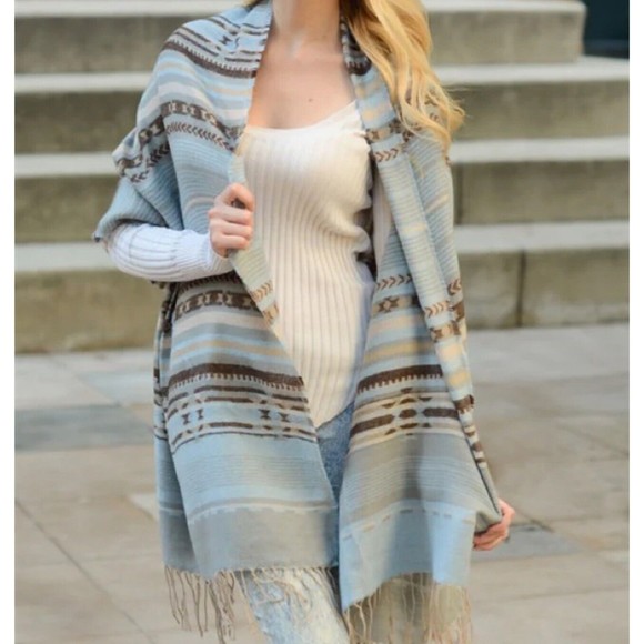 Powder Blue Southwestern Blanket Tassel Scarf 27x71” Big Cozy Scarf Stripes - Picture 3 of 14